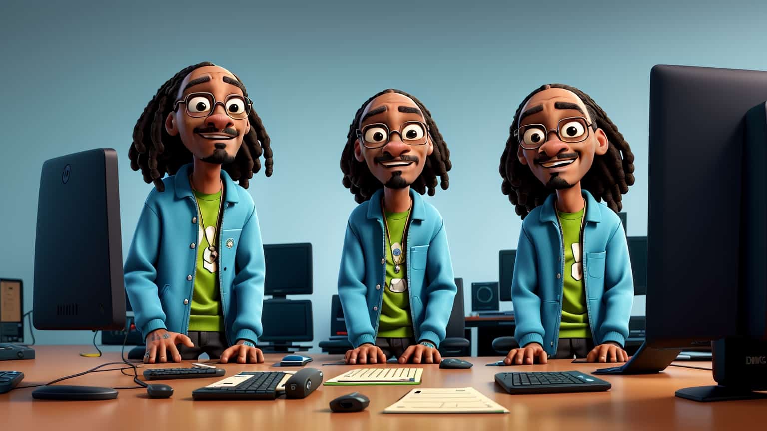 3d animation style chatting with snoop dogg on a computer 0